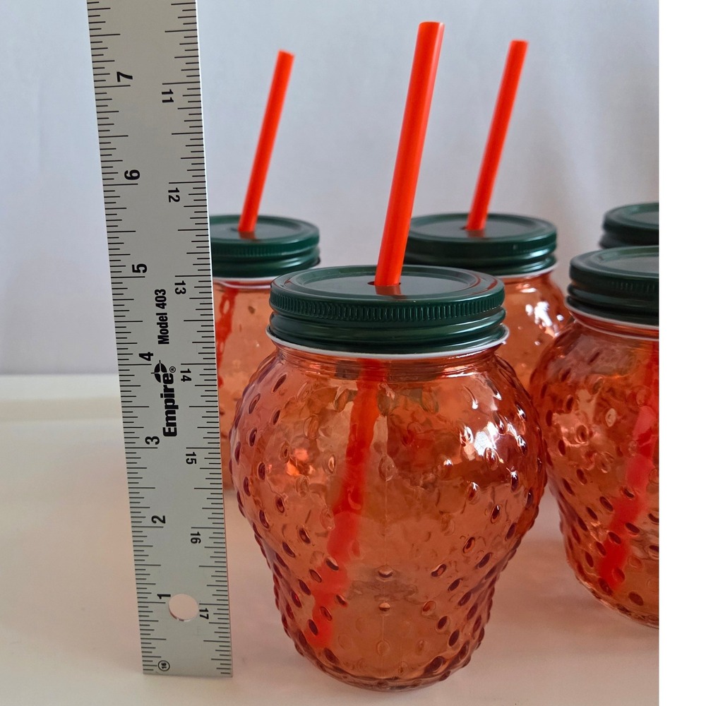 Set of 5 Red Strawberry Glass Mason Jar Sippers w/ Lids & Straws - 17oz - Picture 4 of 4